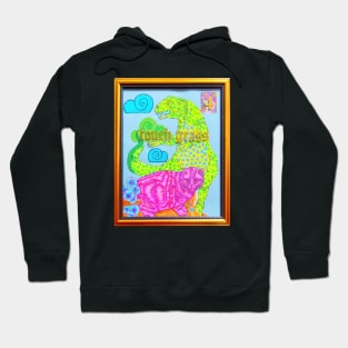 Rainbow Dinosaur Cat Coloring Book Collage Framed Art Touch Grass Y2K Design Hoodie